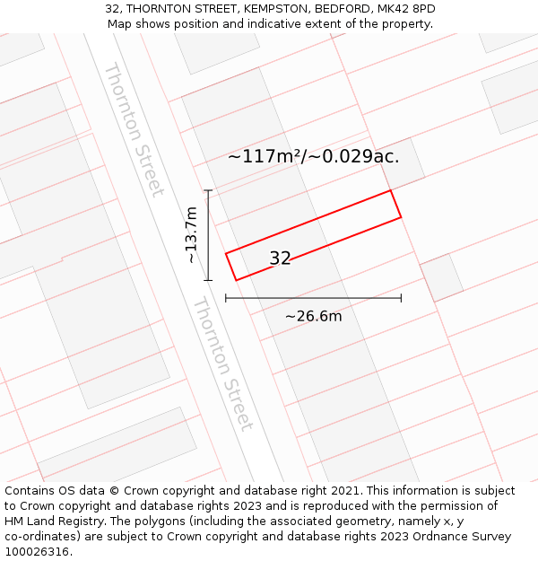 32, THORNTON STREET, KEMPSTON, BEDFORD, MK42 8PD: Plot and title map