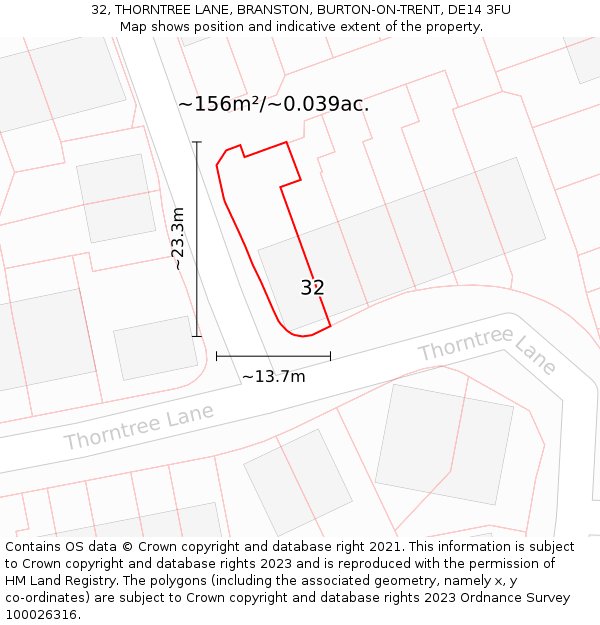 32, THORNTREE LANE, BRANSTON, BURTON-ON-TRENT, DE14 3FU: Plot and title map