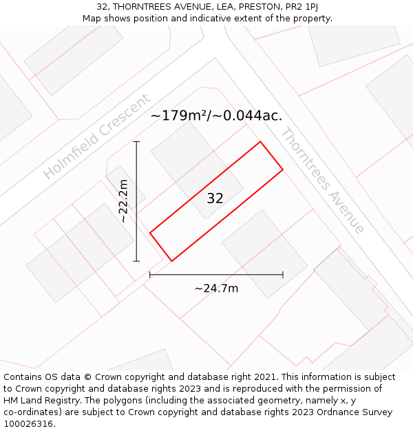 32, THORNTREES AVENUE, LEA, PRESTON, PR2 1PJ: Plot and title map