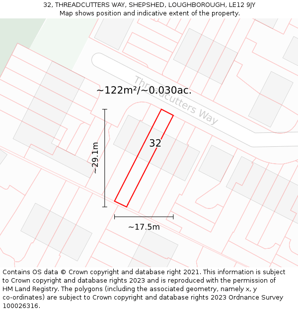 32, THREADCUTTERS WAY, SHEPSHED, LOUGHBOROUGH, LE12 9JY: Plot and title map