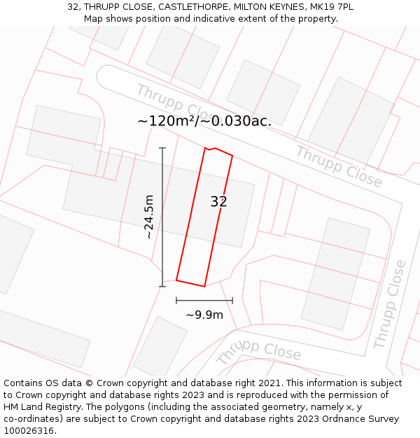 32, THRUPP CLOSE, CASTLETHORPE, MILTON KEYNES, MK19 7PL: Plot and title map