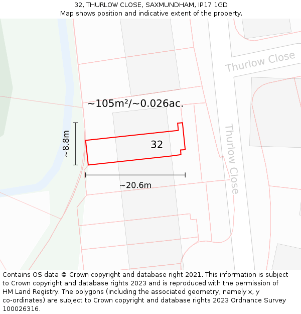 32, THURLOW CLOSE, SAXMUNDHAM, IP17 1GD: Plot and title map