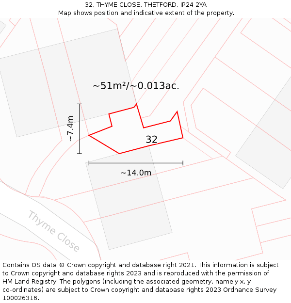 32, THYME CLOSE, THETFORD, IP24 2YA: Plot and title map
