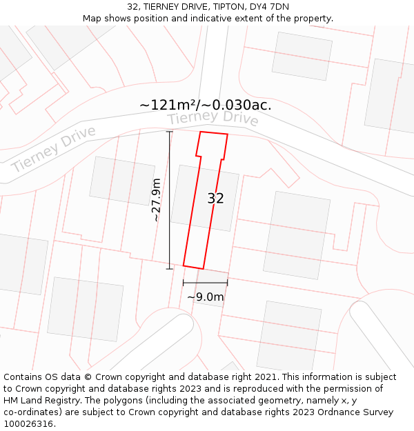 32, TIERNEY DRIVE, TIPTON, DY4 7DN: Plot and title map