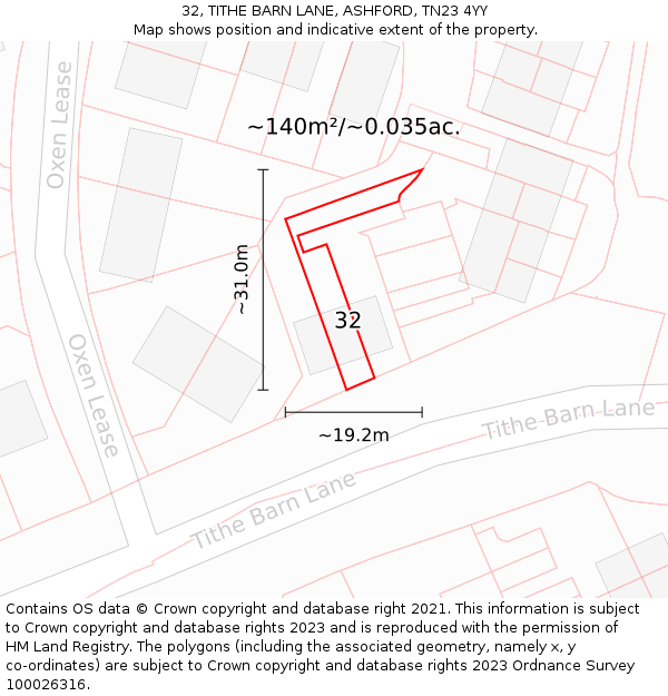32, TITHE BARN LANE, ASHFORD, TN23 4YY: Plot and title map
