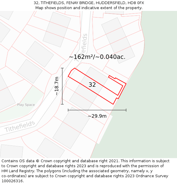 32, TITHEFIELDS, FENAY BRIDGE, HUDDERSFIELD, HD8 0FX: Plot and title map