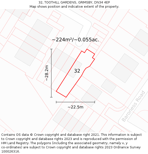 32, TOOTHILL GARDENS, GRIMSBY, DN34 4EP: Plot and title map
