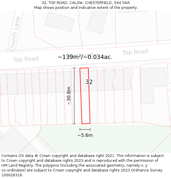 32, TOP ROAD, CALOW, CHESTERFIELD, S44 5AA: Plot and title map