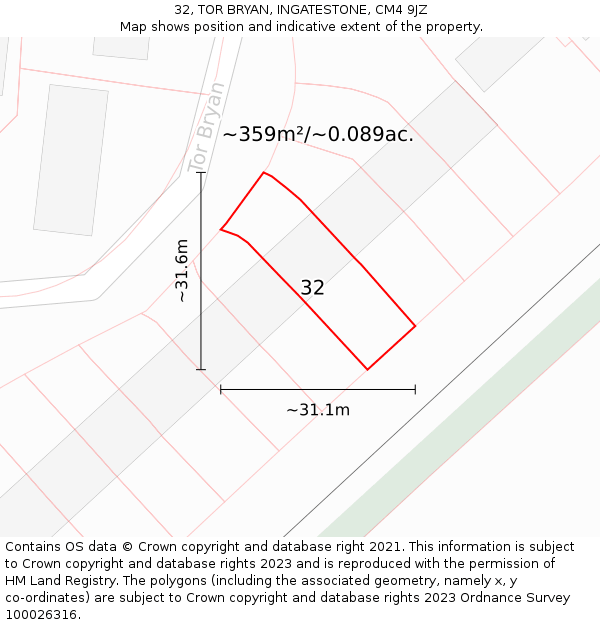 32, TOR BRYAN, INGATESTONE, CM4 9JZ: Plot and title map