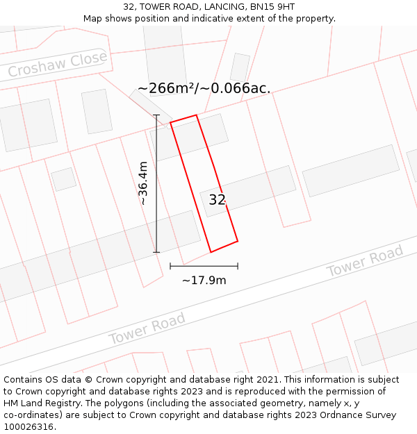 32, TOWER ROAD, LANCING, BN15 9HT: Plot and title map