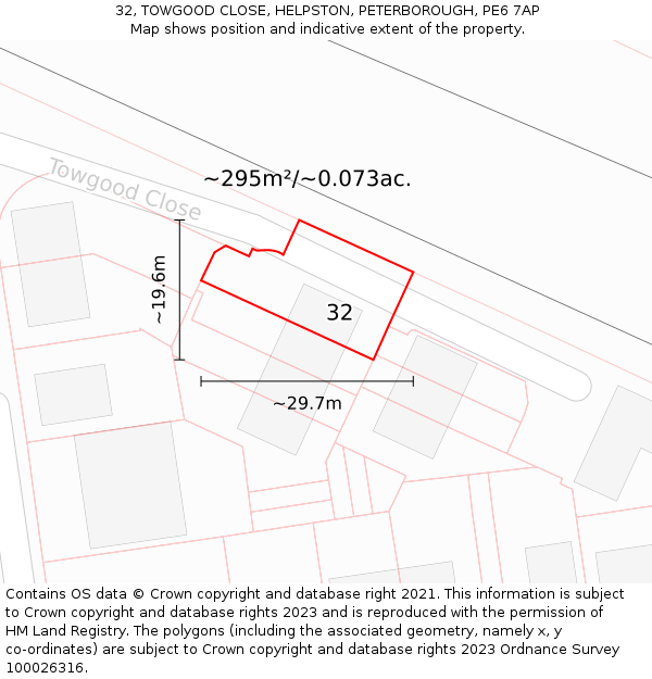 32, TOWGOOD CLOSE, HELPSTON, PETERBOROUGH, PE6 7AP: Plot and title map