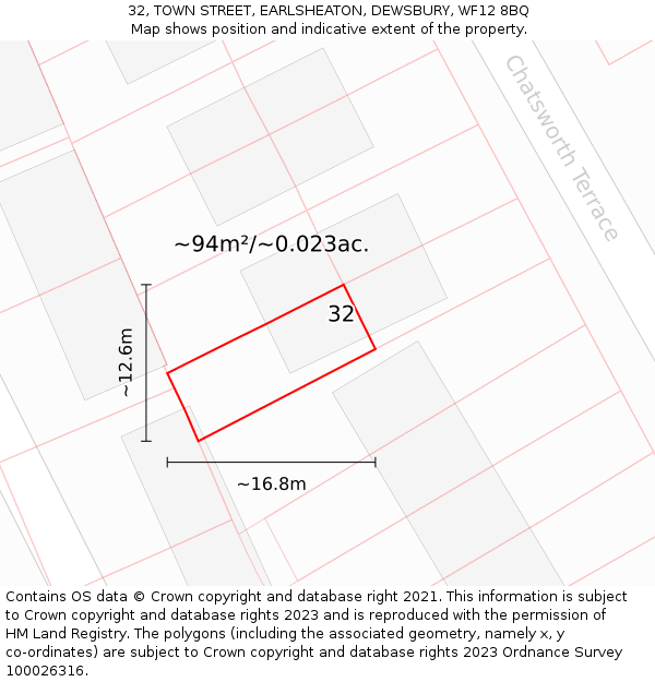 32, TOWN STREET, EARLSHEATON, DEWSBURY, WF12 8BQ: Plot and title map