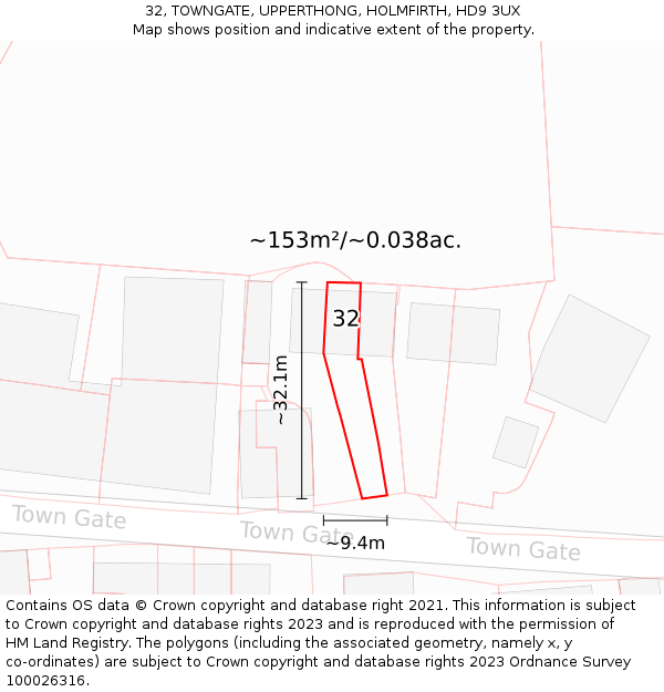 32, TOWNGATE, UPPERTHONG, HOLMFIRTH, HD9 3UX: Plot and title map