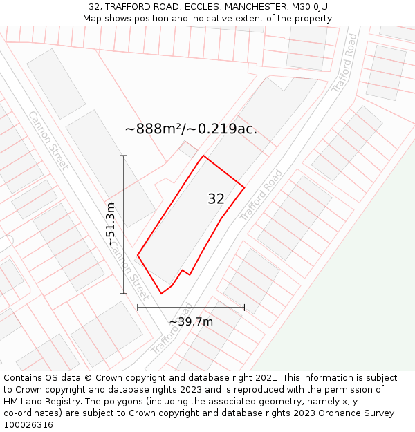 32, TRAFFORD ROAD, ECCLES, MANCHESTER, M30 0JU: Plot and title map