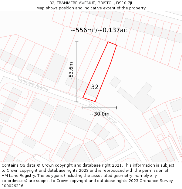 32, TRANMERE AVENUE, BRISTOL, BS10 7JL: Plot and title map