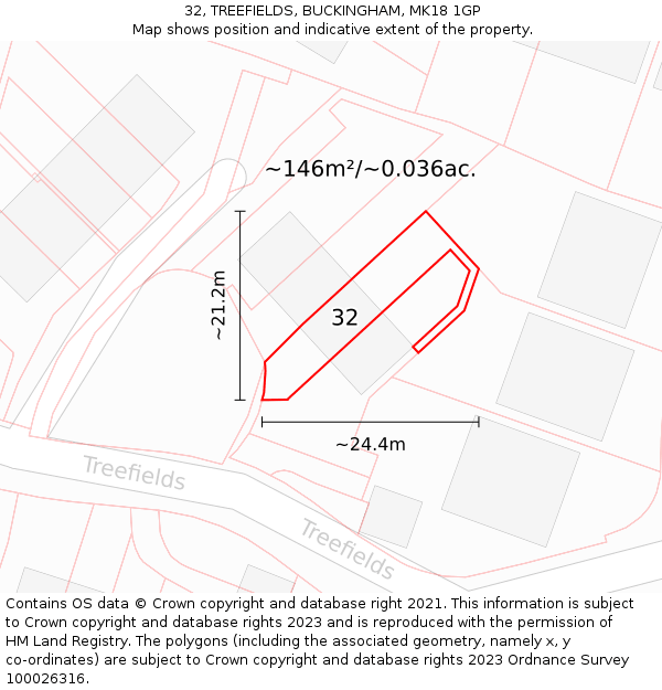 32, TREEFIELDS, BUCKINGHAM, MK18 1GP: Plot and title map