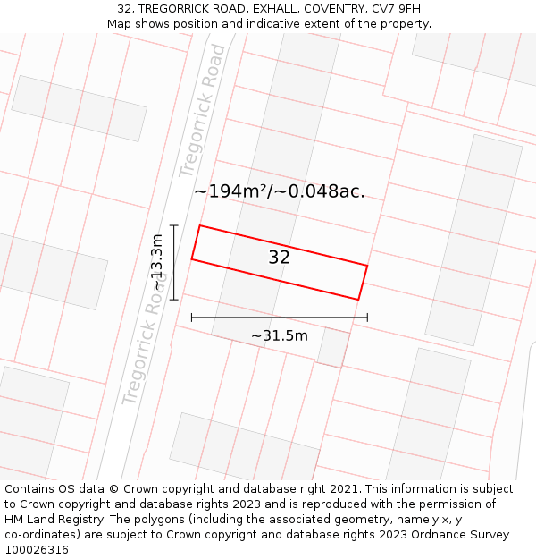 32, TREGORRICK ROAD, EXHALL, COVENTRY, CV7 9FH: Plot and title map
