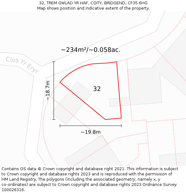 32, TREM GWLAD YR HAF, COITY, BRIDGEND, CF35 6HG: Plot and title map