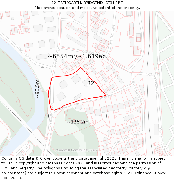 32, TREMGARTH, BRIDGEND, CF31 1RZ: Plot and title map