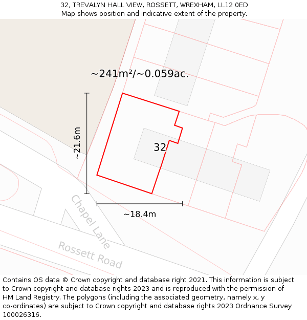 32, TREVALYN HALL VIEW, ROSSETT, WREXHAM, LL12 0ED: Plot and title map