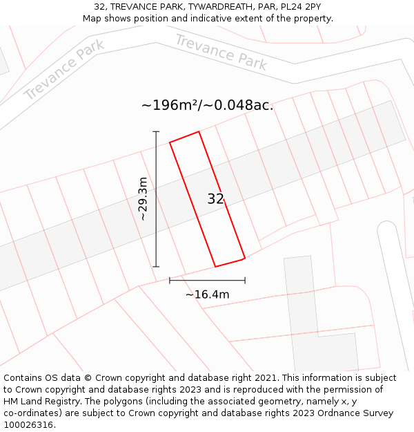 32, TREVANCE PARK, TYWARDREATH, PAR, PL24 2PY: Plot and title map