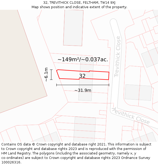 32, TREVITHICK CLOSE, FELTHAM, TW14 9XJ: Plot and title map
