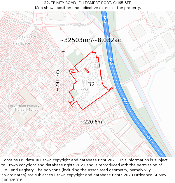 32, TRINITY ROAD, ELLESMERE PORT, CH65 5FB: Plot and title map
