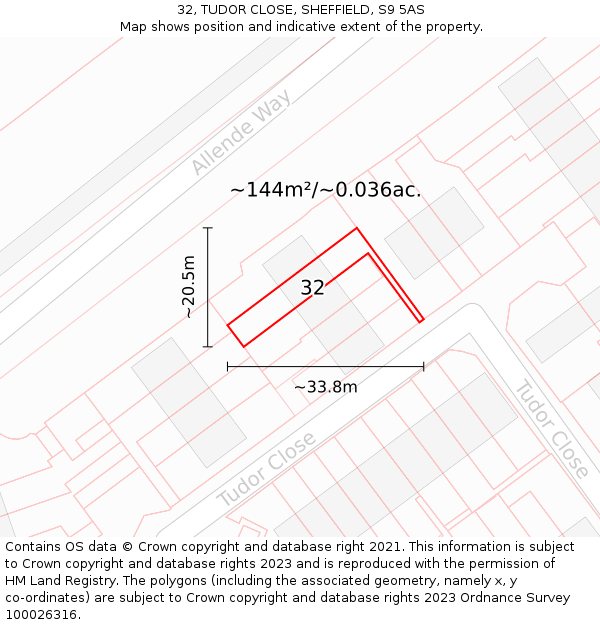 32, TUDOR CLOSE, SHEFFIELD, S9 5AS: Plot and title map