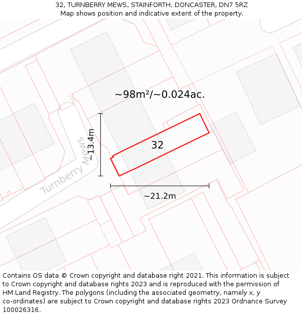 32, TURNBERRY MEWS, STAINFORTH, DONCASTER, DN7 5RZ: Plot and title map