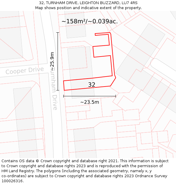 32, TURNHAM DRIVE, LEIGHTON BUZZARD, LU7 4RS: Plot and title map