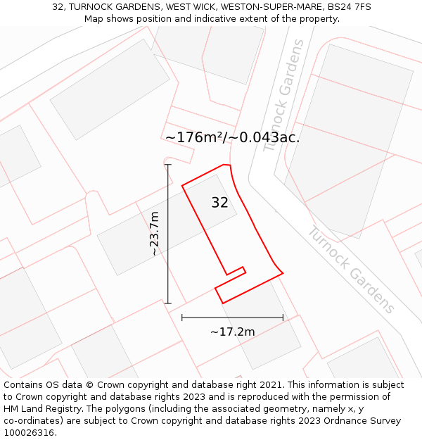 32, TURNOCK GARDENS, WEST WICK, WESTON-SUPER-MARE, BS24 7FS: Plot and title map