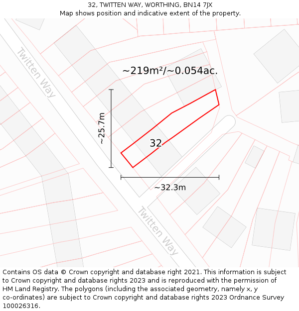32, TWITTEN WAY, WORTHING, BN14 7JX: Plot and title map