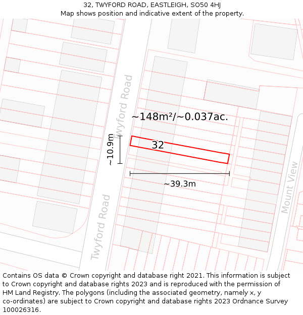 32, TWYFORD ROAD, EASTLEIGH, SO50 4HJ: Plot and title map