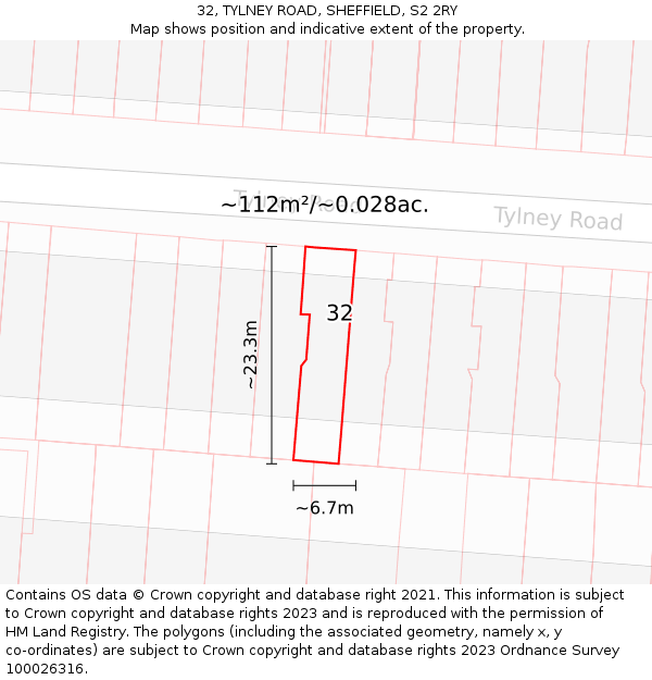 32, TYLNEY ROAD, SHEFFIELD, S2 2RY: Plot and title map