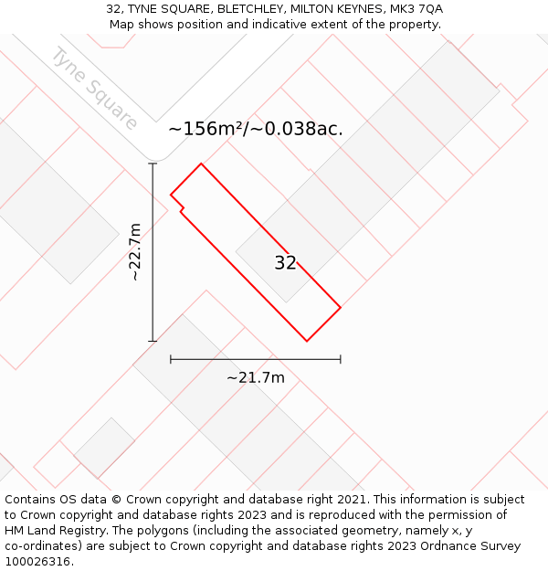 32, TYNE SQUARE, BLETCHLEY, MILTON KEYNES, MK3 7QA: Plot and title map