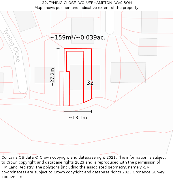 32, TYNING CLOSE, WOLVERHAMPTON, WV9 5QH: Plot and title map