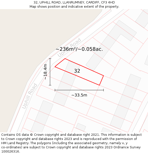 32, UPHILL ROAD, LLANRUMNEY, CARDIFF, CF3 4HD: Plot and title map