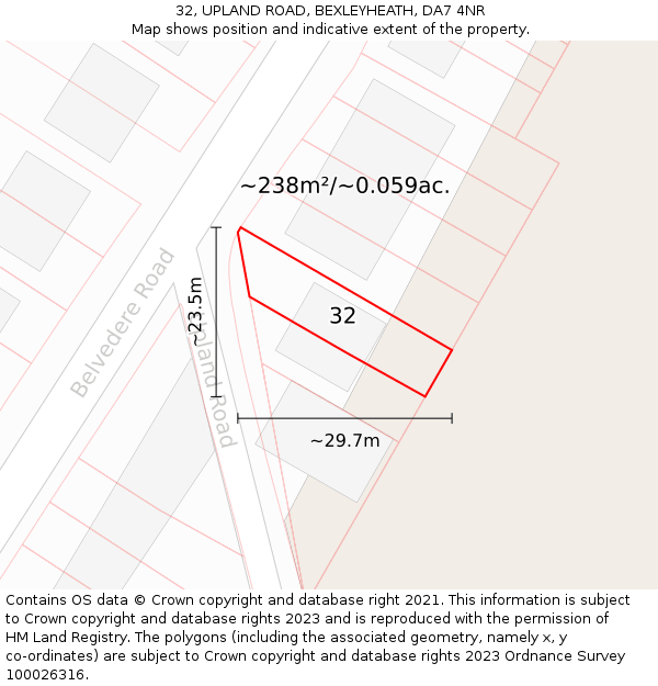 32, UPLAND ROAD, BEXLEYHEATH, DA7 4NR: Plot and title map