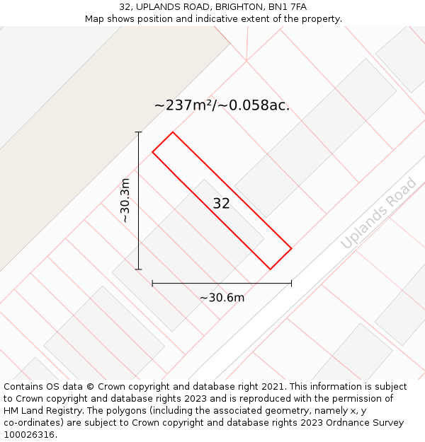 32, UPLANDS ROAD, BRIGHTON, BN1 7FA: Plot and title map