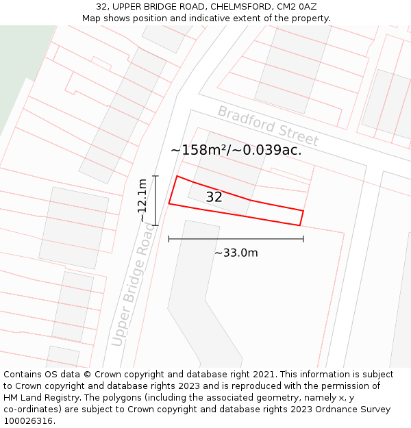 32, UPPER BRIDGE ROAD, CHELMSFORD, CM2 0AZ: Plot and title map