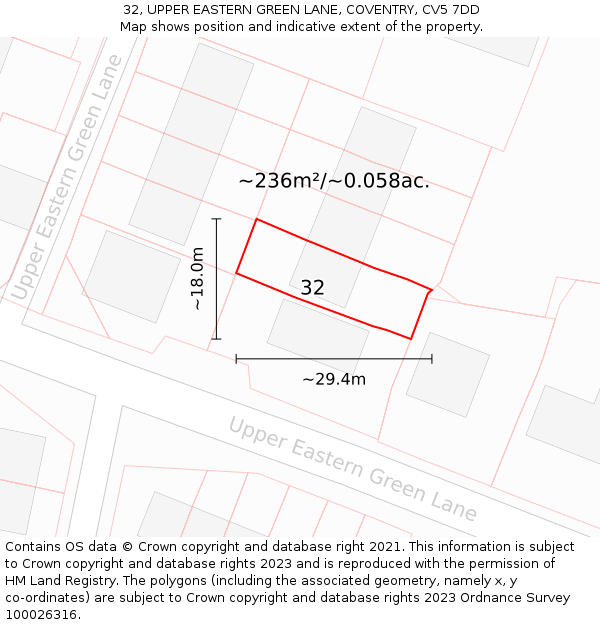 32, UPPER EASTERN GREEN LANE, COVENTRY, CV5 7DD: Plot and title map