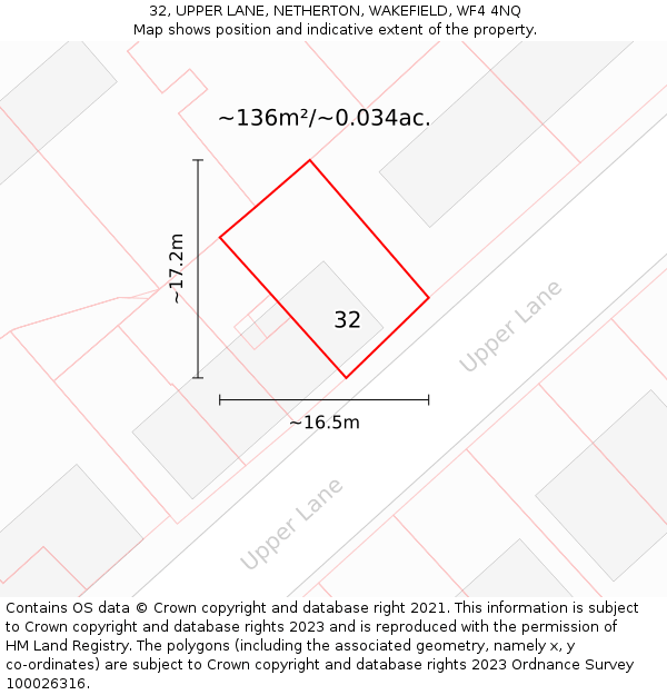32, UPPER LANE, NETHERTON, WAKEFIELD, WF4 4NQ: Plot and title map