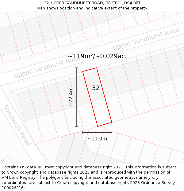 32, UPPER SANDHURST ROAD, BRISTOL, BS4 3RT: Plot and title map