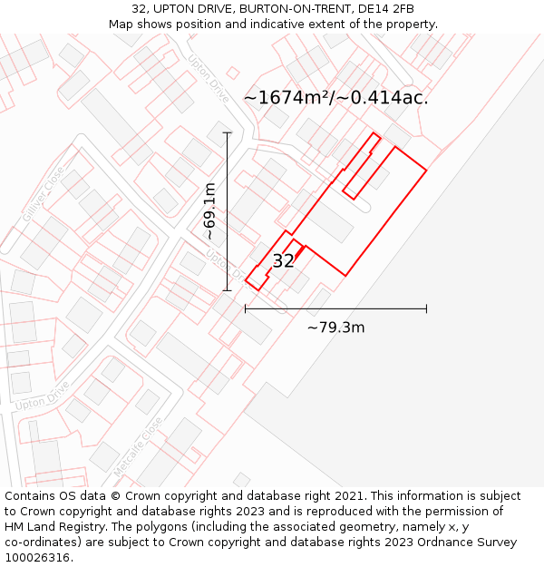 32, UPTON DRIVE, BURTON-ON-TRENT, DE14 2FB: Plot and title map