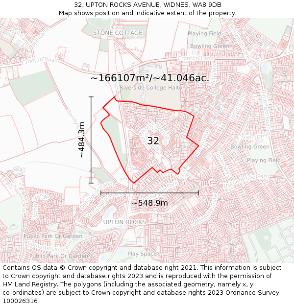 32, UPTON ROCKS AVENUE, WIDNES, WA8 9DB: Plot and title map