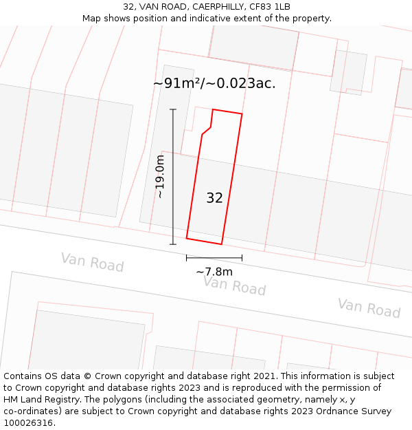 32, VAN ROAD, CAERPHILLY, CF83 1LB: Plot and title map