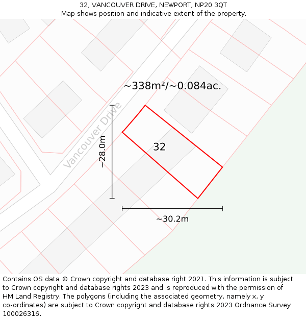 32, VANCOUVER DRIVE, NEWPORT, NP20 3QT: Plot and title map