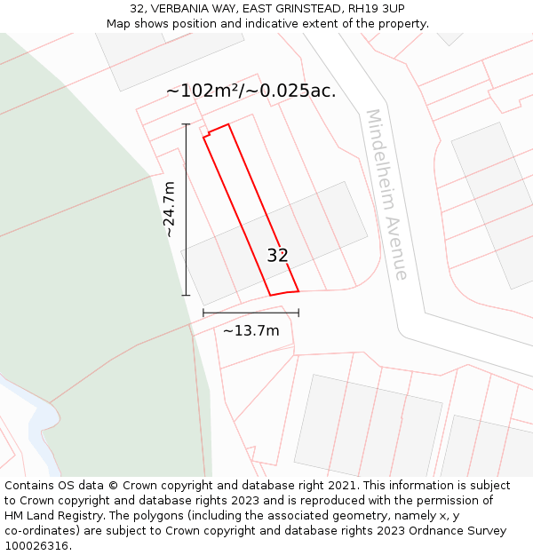 32, VERBANIA WAY, EAST GRINSTEAD, RH19 3UP: Plot and title map