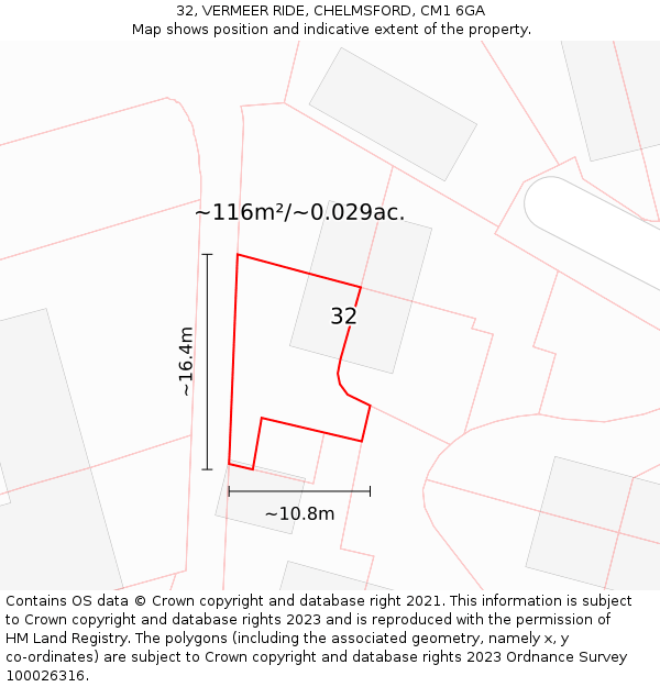 32, VERMEER RIDE, CHELMSFORD, CM1 6GA: Plot and title map