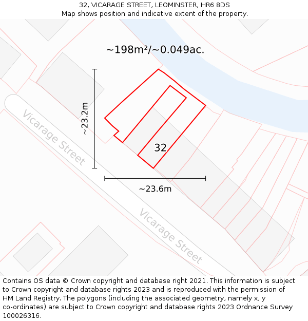 32, VICARAGE STREET, LEOMINSTER, HR6 8DS: Plot and title map